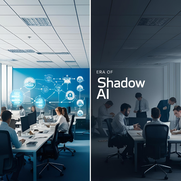 Illustration of people in an office working with and without shadow AI.